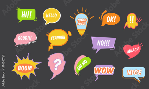 Set of bubble talk phrases Clouds for online chat with different words Suitable for dialogue to illustrate reactions. Chat baloons Colorful chat messages Vector Illustration