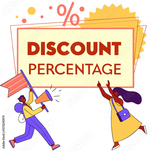 Excited people celebrating a discount percentage announcement with a megaphone and a flag promoting a sale event