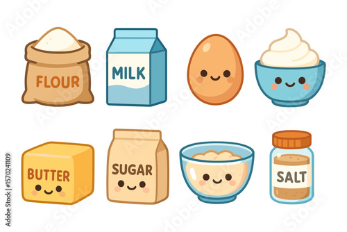 Cute kawaii kitchen ingredients vector illustration for cooking design