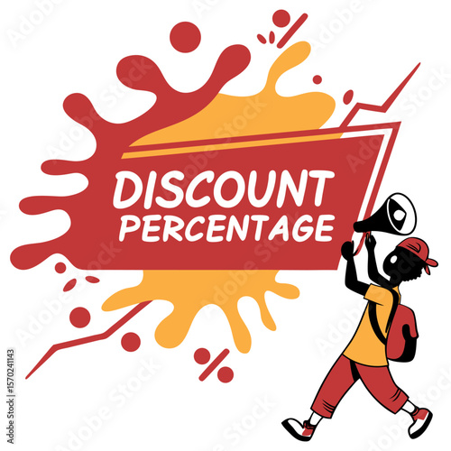Energetic character with megaphone announces a significant discount percentage with dynamic splash graphics and percentage symbols