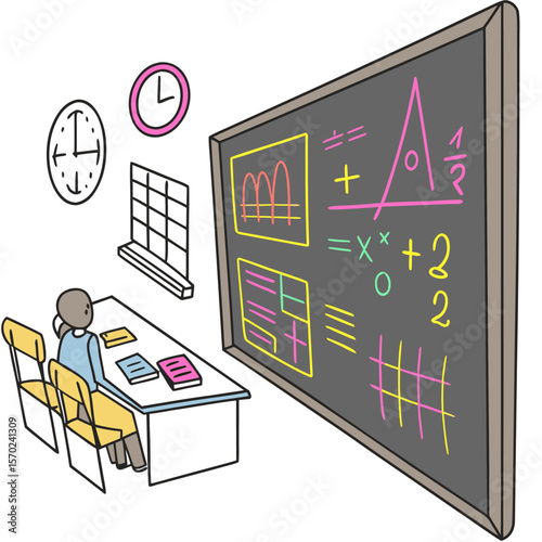 A student sits at a desk in a classroom facing a blackboard filled with colorful math equations graphs and charts