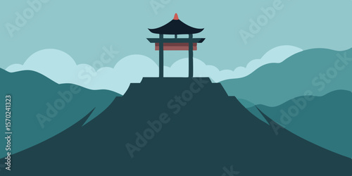 Serene Mountaintop Pavilion A Peaceful Asian Landscape Illustration