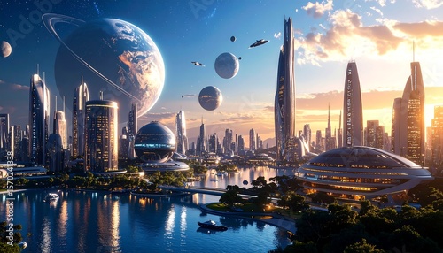 Fototapeta Naklejka Na Ścianę i Meble -  Exploring Futuristic Cityscape with Floating Planets and Modern Architecture