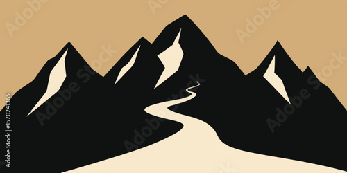 Majestic Mountain Peaks and Winding River Path A Serene Landscape Illustration