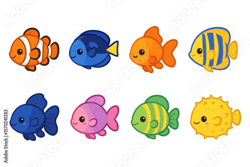 Cute cartoon fish collection vector illustration for kids' decor in flat style
