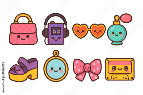 Cute retro kawaii fashion and music accessories vector illustration for fun design projects
