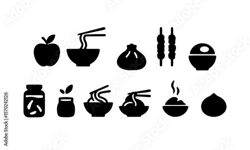 Collection of Asian Food Icons Noodles, Dumplings, and More