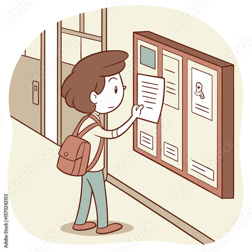 A young student with a backpack stands in a hallway looking at a bulletin board and carefully placing a paper on it