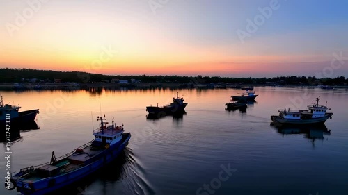 Scenic view of fishing boats floating on a calm sea at sunset twilight hour