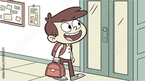Cheerful cartoon boy with a backpack and briefcase walks down a school hallway towards double doors with a bulletin board on the wall