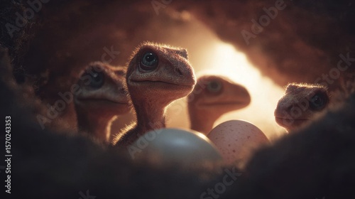 Tiny Raptors' First Glimpse: A captivating illustration portrays a clutch of adorable baby raptors gazing out from their nest, offering a glimpse of innocence.