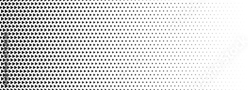 Fading triangle halftone gradient texture. Abstract geometric background. Tech triangular halfton gradation pattern. Vanishing mosaic arrow wallpaper for poster, banner, booklet. Vector backdrop