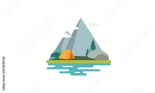 Sunny day landscape illustration in flat style with tent, campfire, mountains, forest and water. Background for summer camp, nature tourism, camping or hiking design concept.