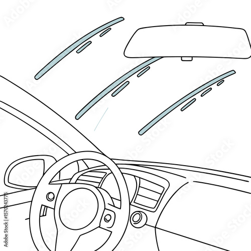 Illustration of a car interior showing the steering wheel dashboard and windshield with wiper blades and rearview mirror