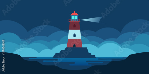 A radiant white lighthouse illuminates the dark ocean, a solitary beacon guiding ships along the rocky coast