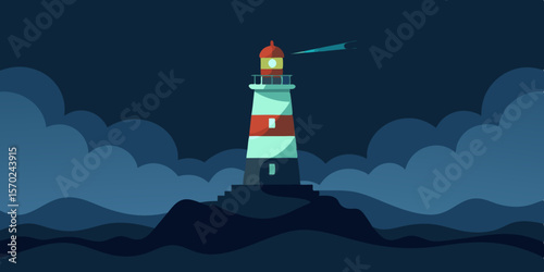 A striking white lighthouse beacon illuminates the dark sky and vast ocean coastline