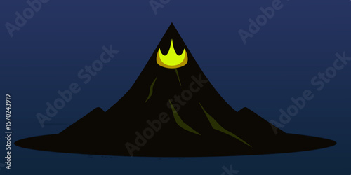 Vector illustration of a volcano at sunset with a burning candle and fiery sky, a peaceful mountain landscape