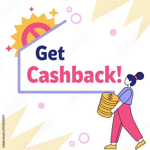 Happy woman with stack of coins receiving cashback reward for shopping or making a purchase with a bright celebratory background