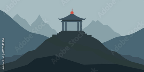 Ancient Chinese pagodas and temples nestled in a mountain landscape, overlooking the sea with a lighthouse under a cloudy sky