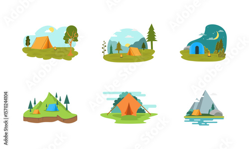 Set of Sunny day landscape illustration in flat style with tent, campfire, mountains, forest and water. Background for summer camp, nature tourism, camping or hiking design concept.