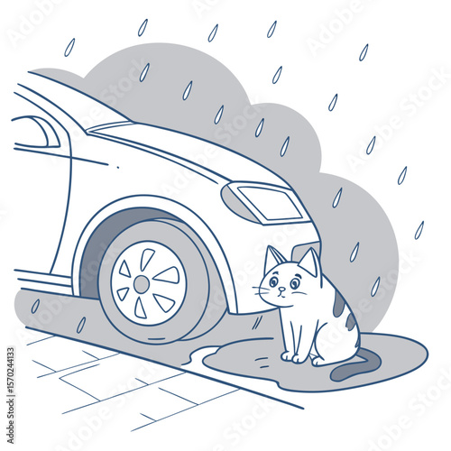 A cute cartoon cat seeks shelter from the rain under a parked car on a wet sidewalk with puddles and falling raindrops