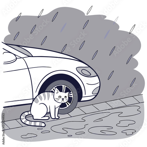 A cute tabby cat sits by the tire of a parked car on a wet street during a rainy day with puddles and a stormy sky