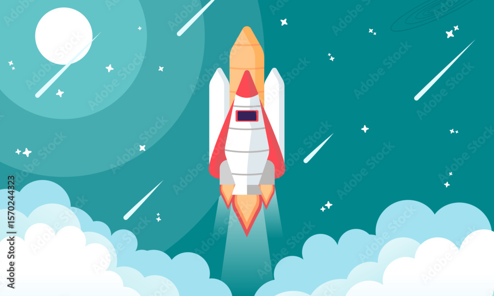 Obraz premium Rocket launch in the sky flying over clouds. Space ship in smoke clouds. Business concept. Start up template. Horizontal background. Simple modern cartoon design. Flat style vector illustration.