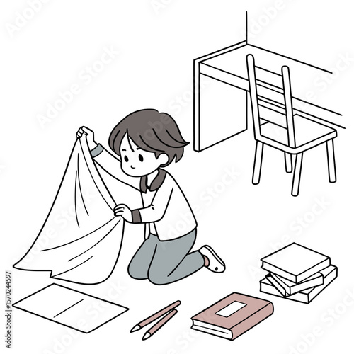 A young boy kneeling on the floor in front of a desk and chair holding a white cloth with books and pens nearby