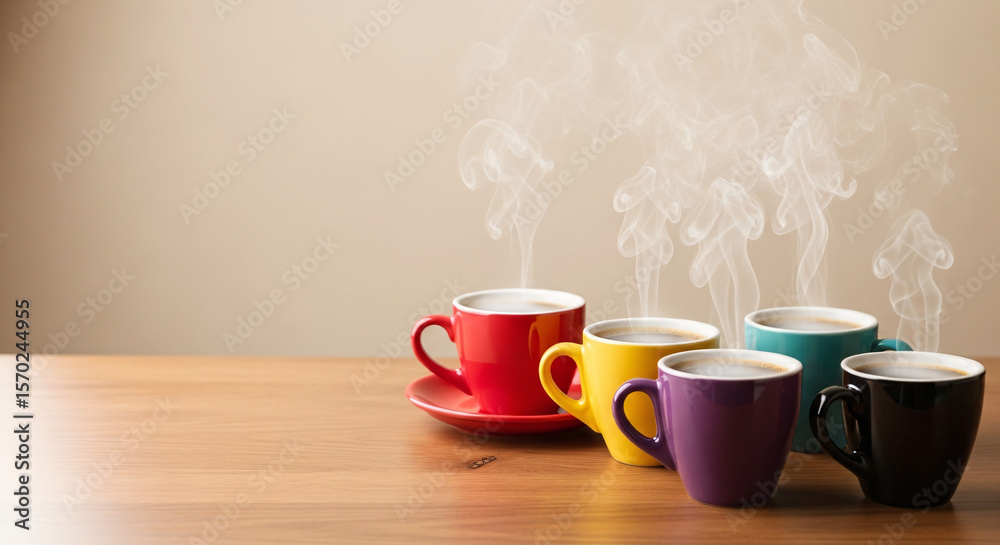 Obraz premium Colorful Coffee Cups With Steaming Beverages Arranged On A Wooden Table Against A Plain Background