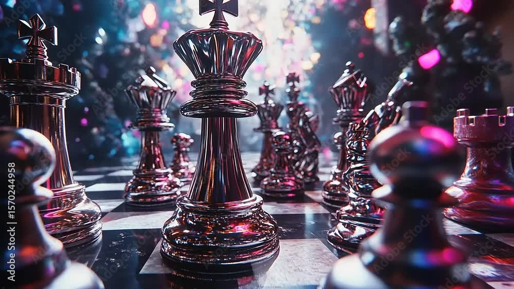 A close-up view of a shiny chess set on a reflective board with vibrant lights in the background