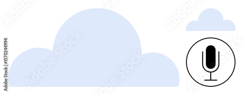 Large cloud, small cloud, and circle with microphone icon indicate cloud storage, voice recording, and digital connectivity. Ideal for technology, communication, data storage, podcasting voice