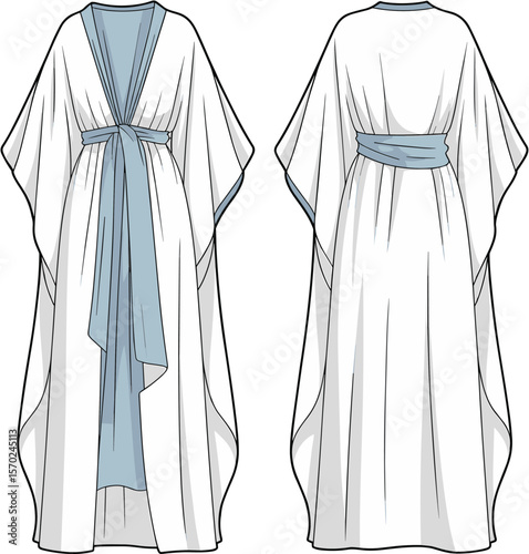 Flowy White Kaftan Kimono with Contrasting Inner Layer and Tie Front, Perfect for Loungewear and Resort Fashion