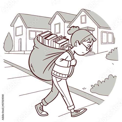 Young student with glasses struggles to carry a large sack filled with heavy books while walking down a suburban sidewalk past houses