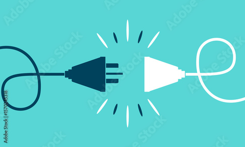 Electric socket with a plug. Connection and disconnection concept. Concept of 404 error connection. Electric plug and outlet socket unplugged. Wire, cable of energy disconnect