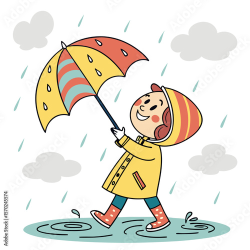 Joyful child wearing a yellow raincoat and red polka dot boots walks through puddles holding a colorful umbrella during a rainy day with clouds