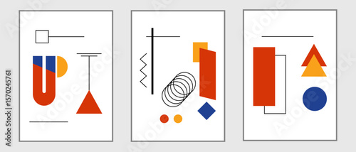 Geometric minimal background set. Simple primitive figures, modern posters suprematism bauhaus style. Set of creative minimalist illustrations for wall decoration, postcard or brochure cover design.