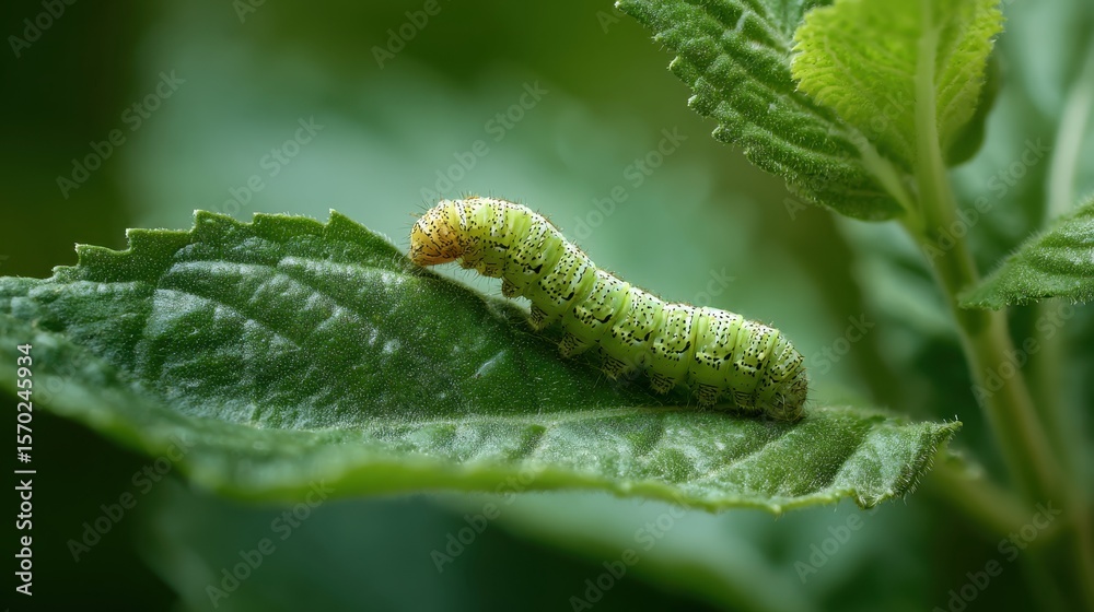 Obraz premium Caterpillar on Leaf: This captivating photo showcases a vibrant green caterpillar gracefully perched atop a lush green leaf, revealing intricate details and textures.