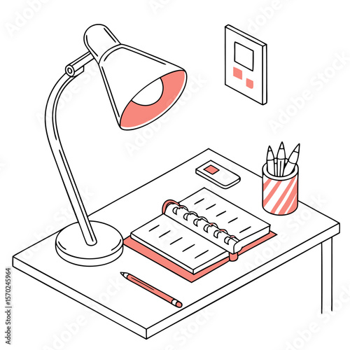 A minimalist isometric illustration of a desk with a desk lamp open notebook pencil pen holder with pencils and a small electronic device