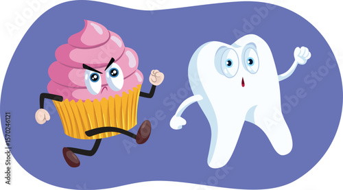 Scared Tooth Chased by an Evil Muffin Vector Cartoon Illustration. Molar attacked by sugary sweets that endanger oral health
