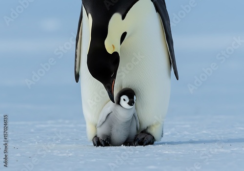 Penguin Dad Holding Chick Between Feet on Pale Blue Background