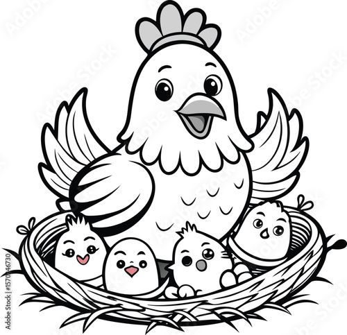 Cute hen with chicks in nest baby birds mother hen