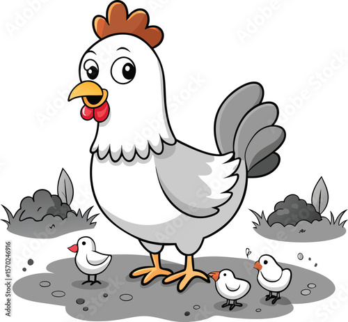 Cute mother hen with chicks in the yard chicken poultry