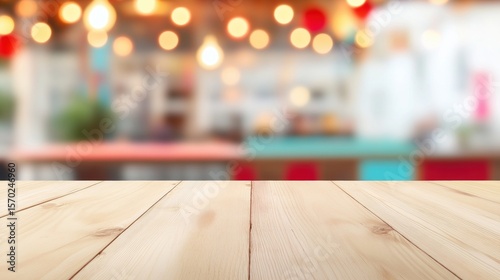 Rustic wooden table with blurred colorful background in a cozy cafe setting