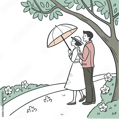 A couple walks arm in arm under a large tree holding a peach colored umbrella on a path with flowers and green foliage