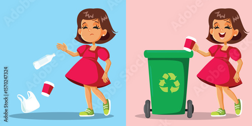 Little Girl Throwing Trash Correctly and Incorrectly Vector Cartoon. Two types of waste management behaviors contrasted
