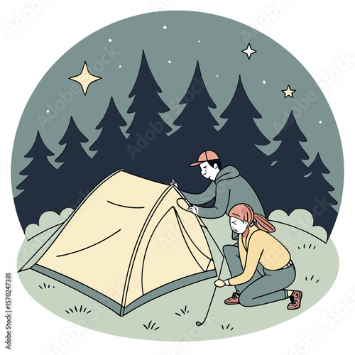 A couple works together to set up a tent in a forest clearing at night under a starry sky with a crescent moon