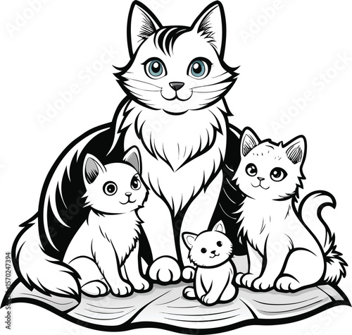Fluffy cat family illustration kitten black and white