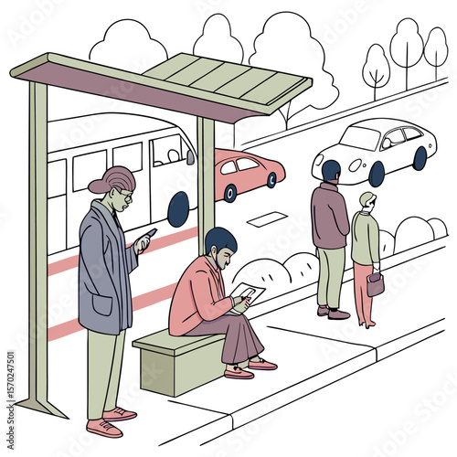 Diverse group of people patiently waiting at a bus stop on a sunny day looking at their phones and reading while cars pass by on the street