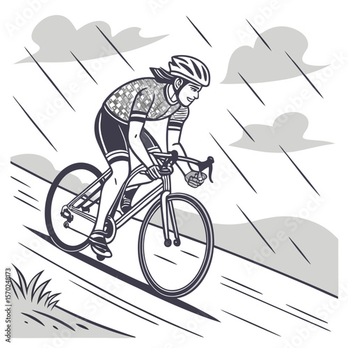Determined cyclist wearing helmet and cycling gear rides a bicycle downhill during a rain shower with dark clouds overhead