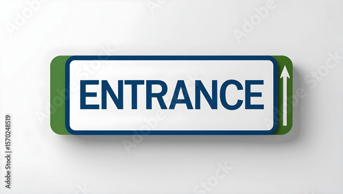 flat-style vector illustration of an “ENTRANCE” sign featuring a human figure walking through a doorway, accompanied by the word “ENTRANCE” in bold uppercase sans-serif text. 